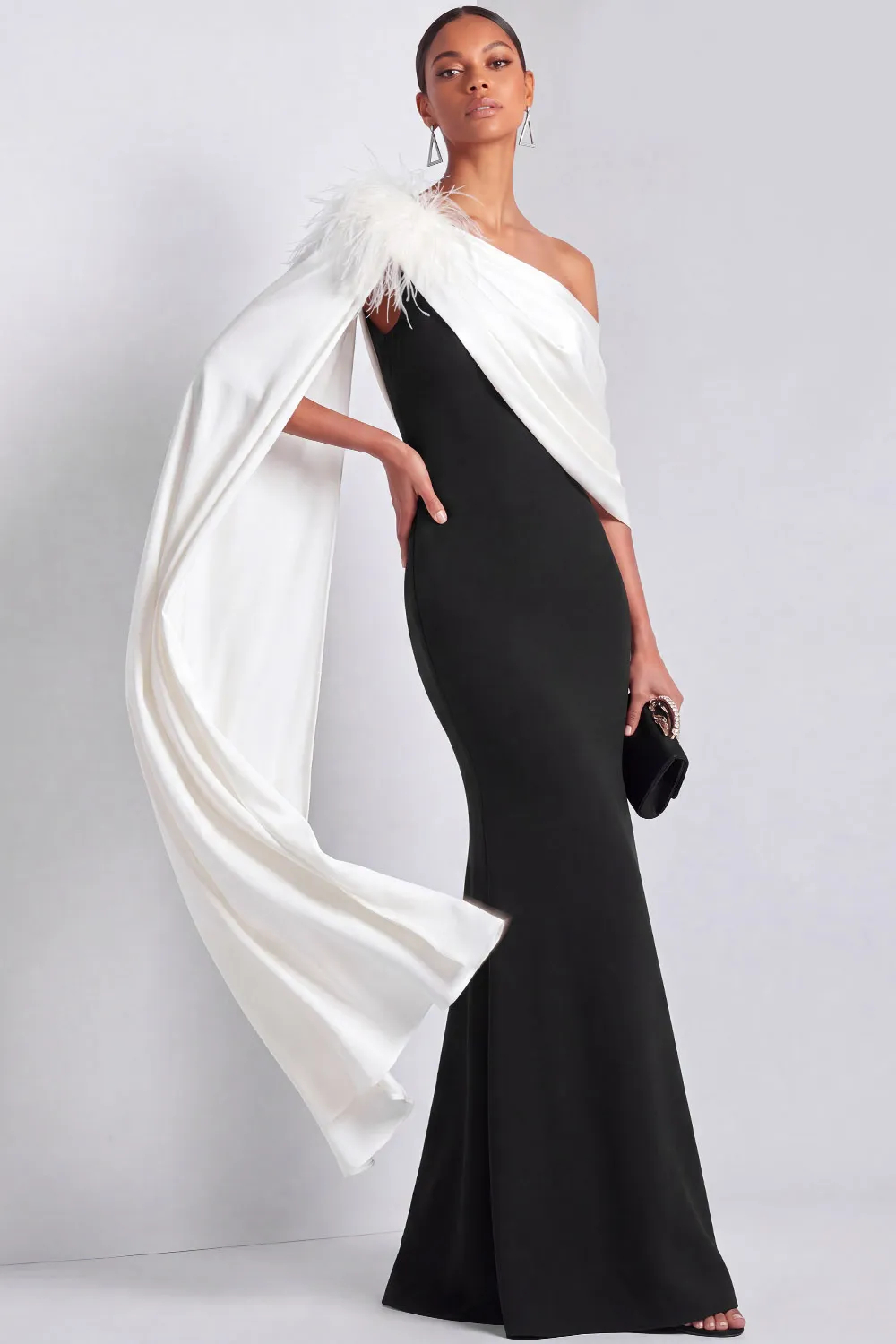 Black and White One Shoulder Mermaid Cape Maxi Dress