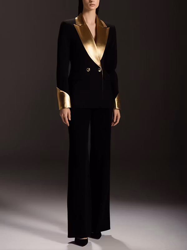 Black Metallic Gold Satin Contrast Peak‑Lapel Double‑Breasted Blazer & High‑Waisted Full‑Length Flared 2-Piece Suit