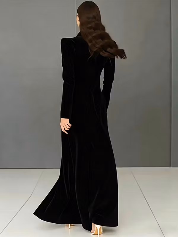 Black Satin Notched Lapel Long Sleeved Velvet Blazer Dress