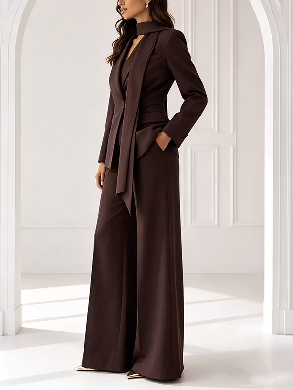Brown Peak Lapel Fitted Blazer & High-Waisted Flared Pants 2-Piece Suit
