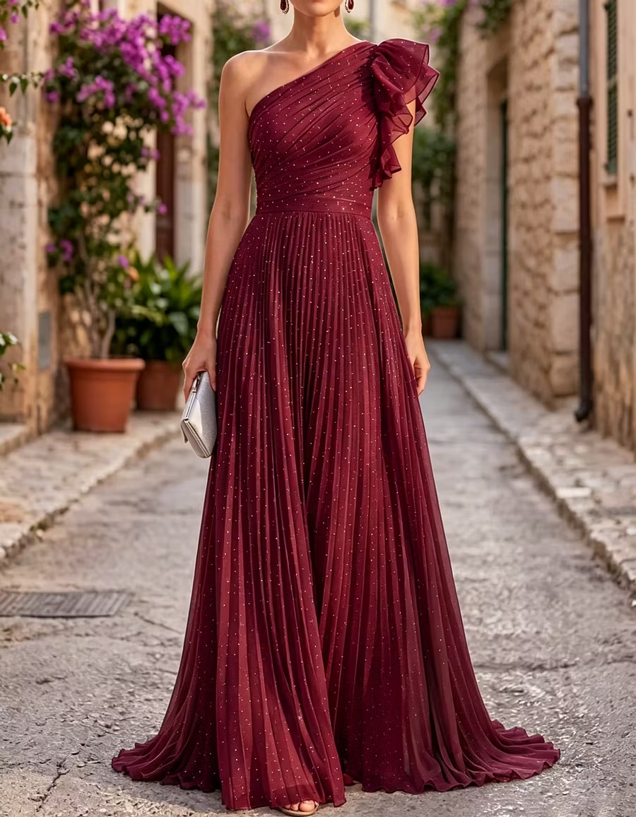 Chiffon Rhinestone One-Shoulder Pleated Waist Maxi Dress