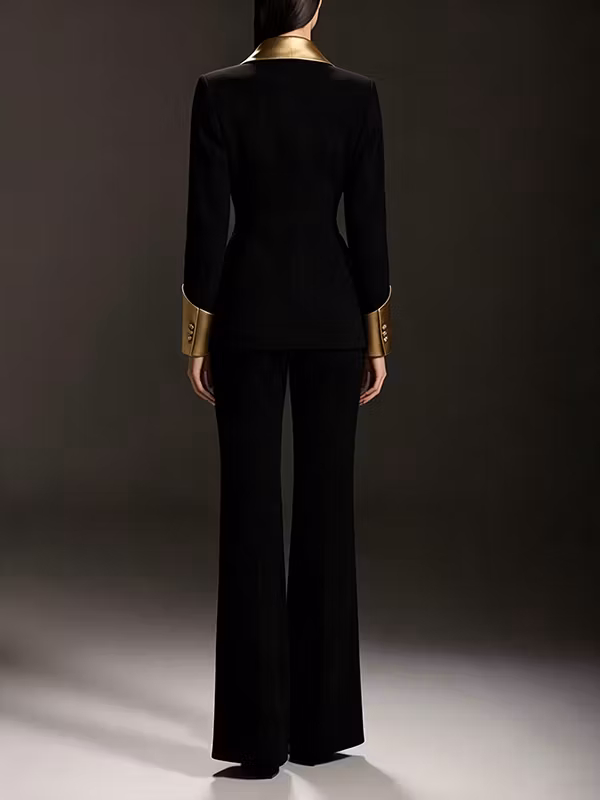 Black Metallic Gold Satin Contrast Peak‑Lapel Double‑Breasted Blazer & High‑Waisted Full‑Length Flared 2-Piece Suit