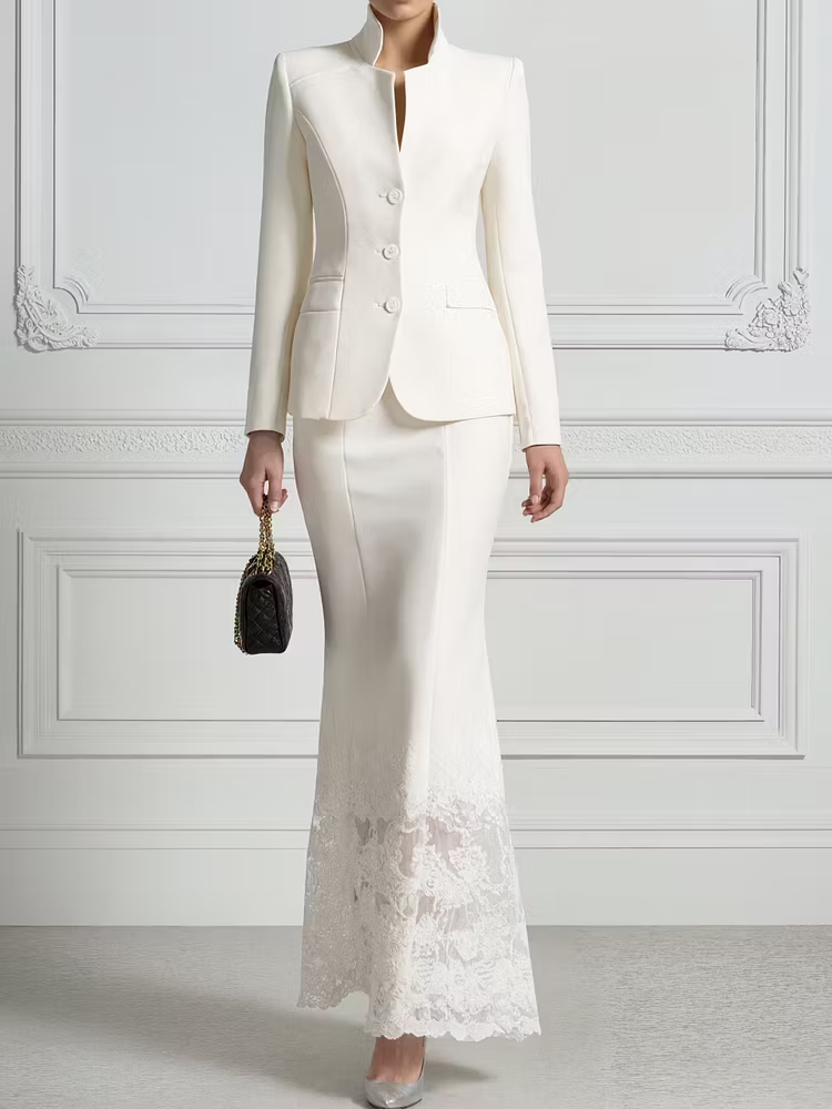 White Stand Up Collar Fitted Blazer And Lace Trimmed Fishtail Skirt 2-Piece Suit