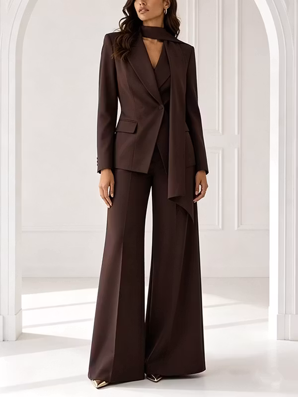 Brown Peak Lapel Fitted Blazer & High-Waisted Flared Pants 2-Piece Suit