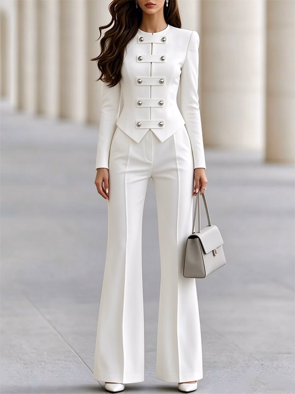 White Military Style Stand Collar Blazer And Flared Pants 2-Piece Suit