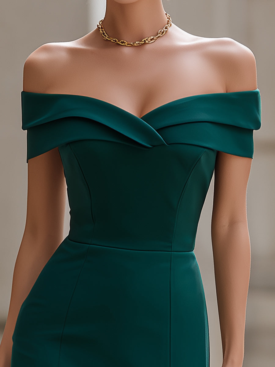 Green Off-Shoulder Folded Neckline Bodycon Midi Dress