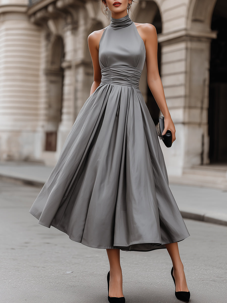 Grey Ruched Halter-Neck Full Skirt Maxi Dress
