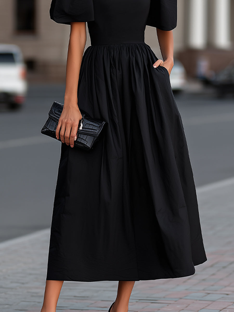 High Neck Puff Sleeve Gathered Waist Midi Dress