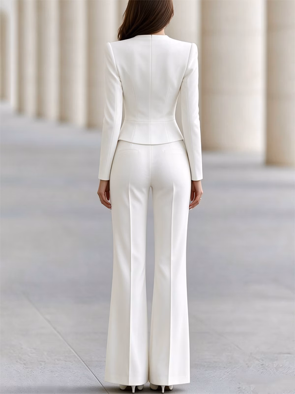 White Military Style Stand Collar Blazer And Flared Pants 2-Piece Suit