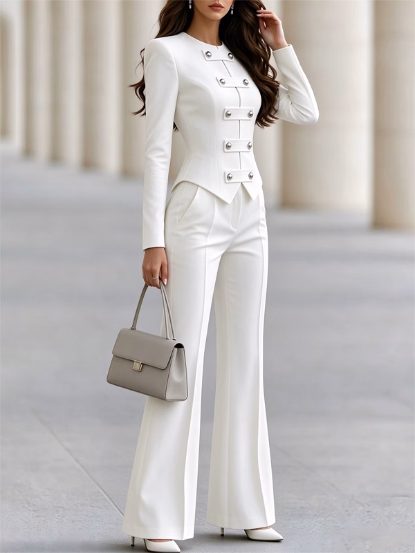 White Military Style Stand Collar Blazer And Flared Pants 2-Piece Suit