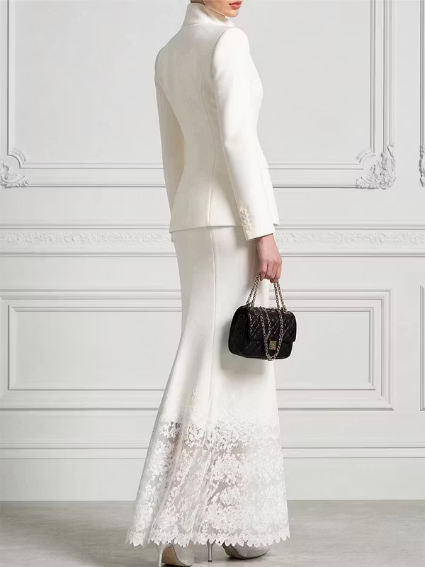 White Stand Up Collar Fitted Blazer And Lace Trimmed Fishtail Skirt 2-Piece Suit