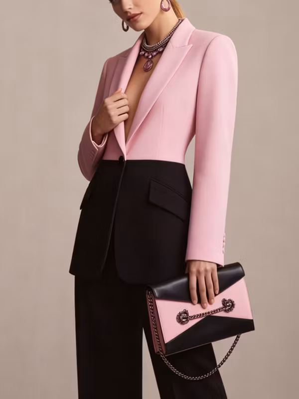 Pink Black Color Block Blazer And Wide Leg Pants 2-Piece Suit