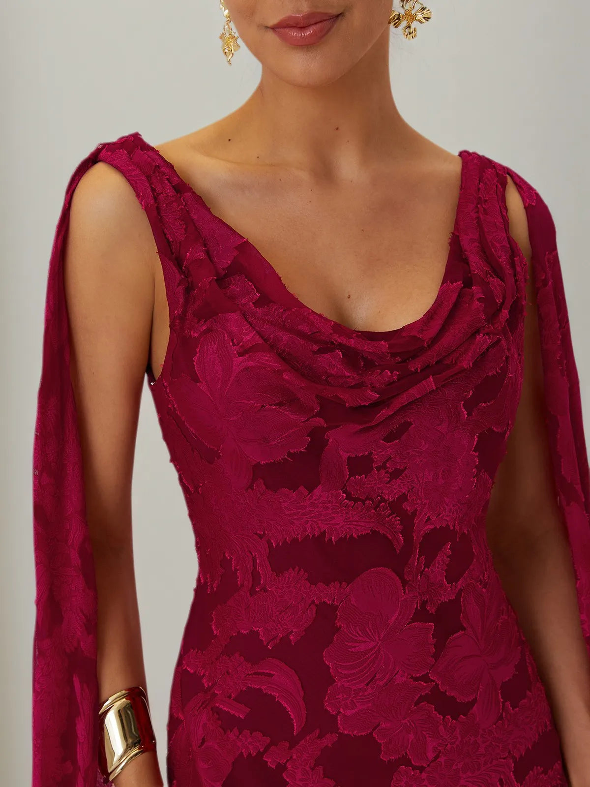 Red Jacquard Chiffon Cowl Neck Sleeveless Sheath Maxi Dress