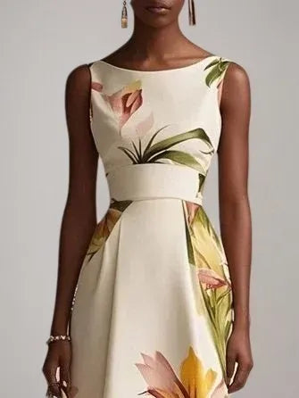 Beige Floral Boat Neck Sleeveless A-Line Midi Dress