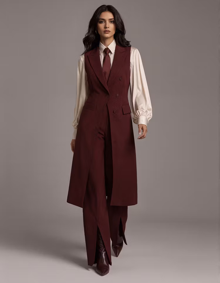 Burgundy Double Breasted Long Sleeveless Vest And Wide Leg Pants 2-Piece Suit