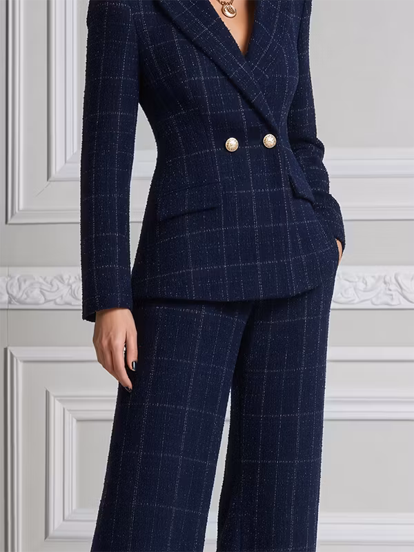 Navy Blue Windowpane Plaid Tweed Fitted Blazer & High-Waisted Wide-Leg Pants 2-Piece Suit