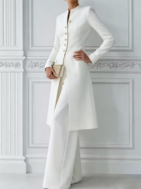 Women's Classic White Slim-fit Long Blazer And Pants 2-Piece Suit