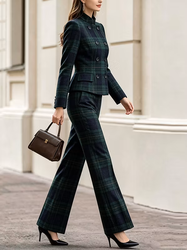 Green‑Navy Tartan Stand‑Collar Double‑Breasted Fitted Blazer & High‑Waisted Full‑Length Flared Pants 2-Piece Suit