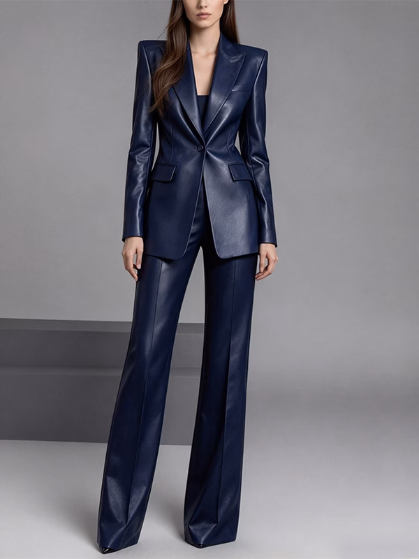 Dark Blue Faux Leather Slim Fit Single Breasted Blazer And Flared Pants 2-Piece Suit