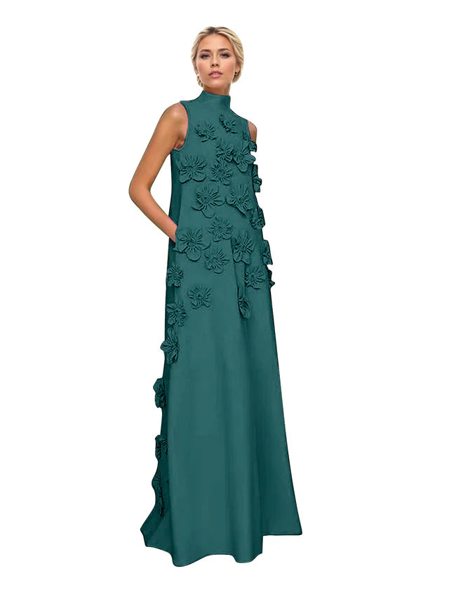 A Line High Neck Sleeveless Floor Length Stretch Crepe Dress With 3D Flowers