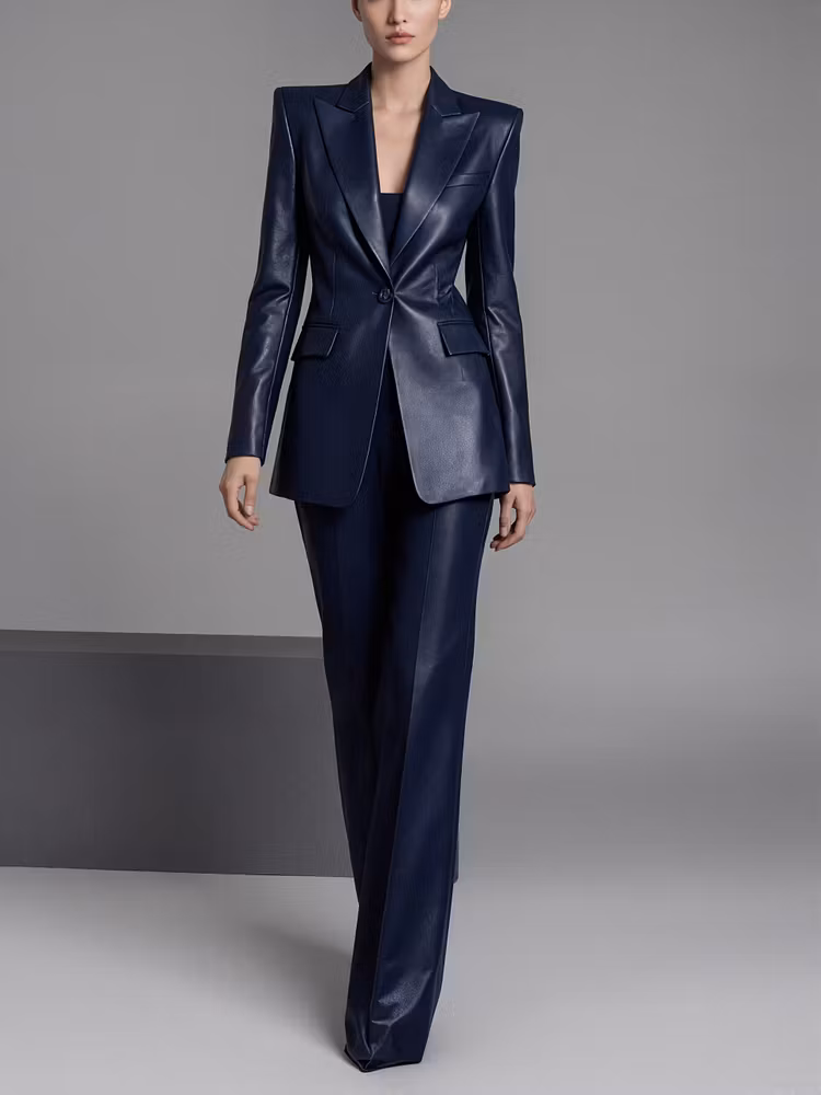 Dark Blue Faux Leather Slim Fit Single Breasted Blazer And Flared Pants 2-Piece Suit