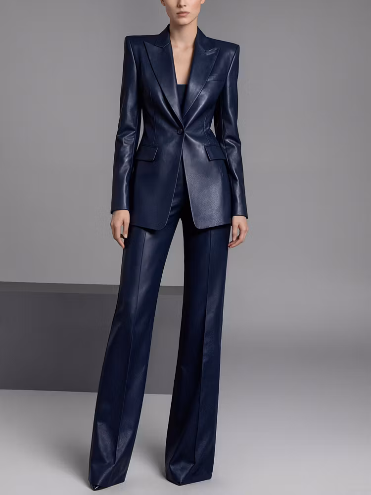 Dark Blue Faux Leather Slim Fit Single Breasted Blazer And Flared Pants 2-Piece Suit