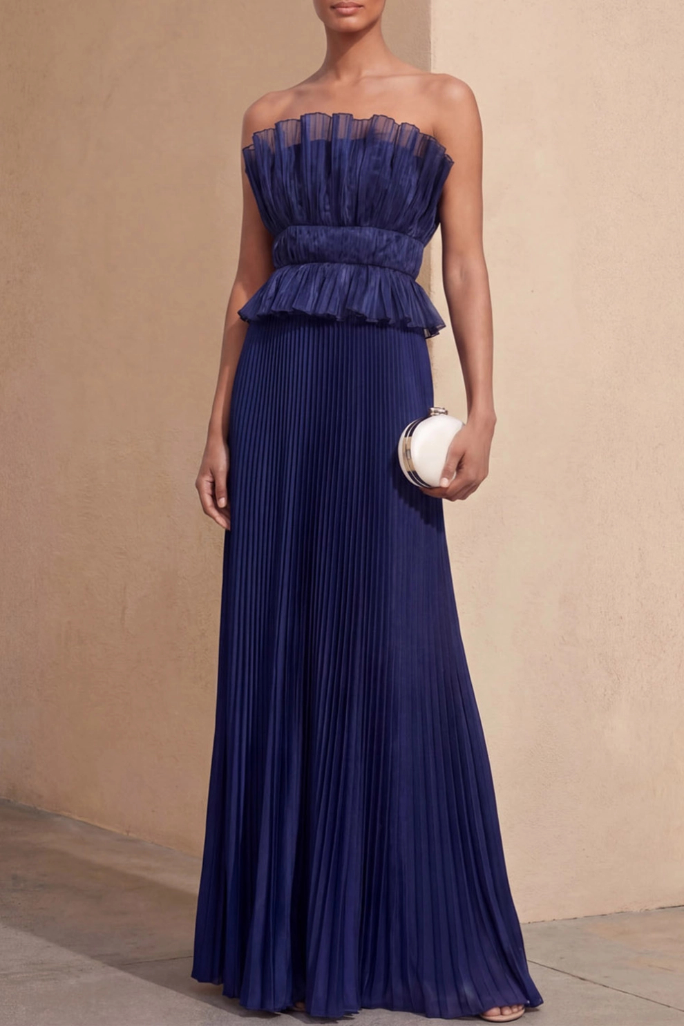 Navy Blue A-Line Strapless Pleated Maxi Dress