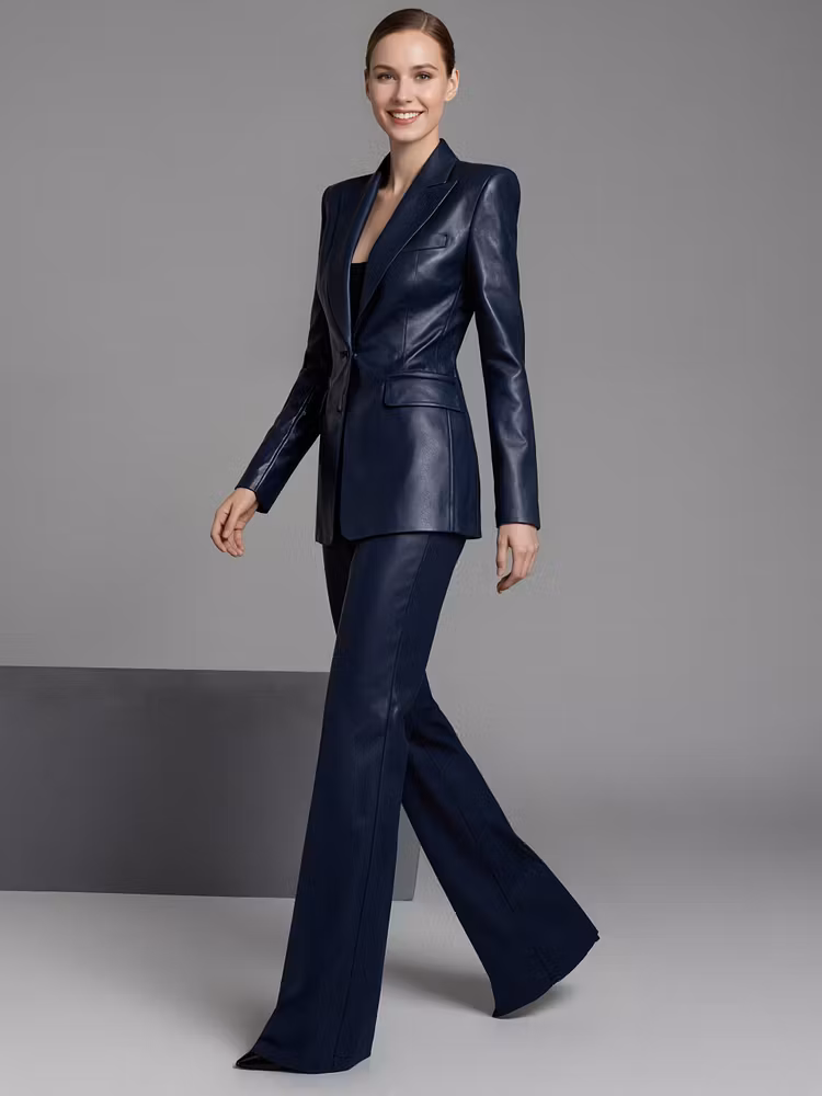 Dark Blue Faux Leather Slim Fit Single Breasted Blazer And Flared Pants 2-Piece Suit