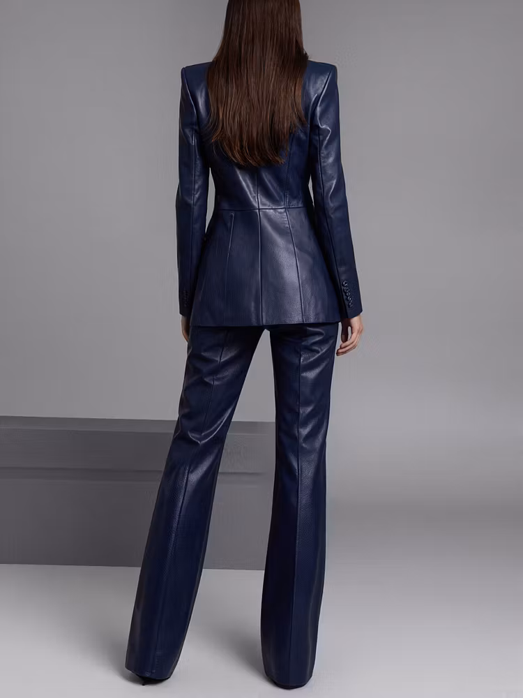 Dark Blue Faux Leather Slim Fit Single Breasted Blazer And Flared Pants 2-Piece Suit