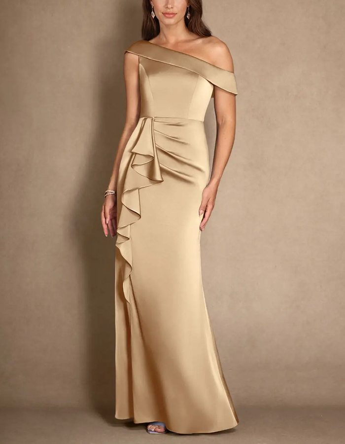 Champagne Pleated A-Line Stretch Satin Maxi Dress