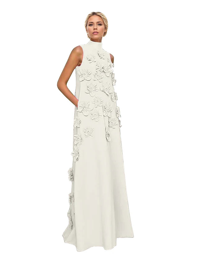 A Line High Neck Sleeveless Floor Length Stretch Crepe Dress With 3D Flowers