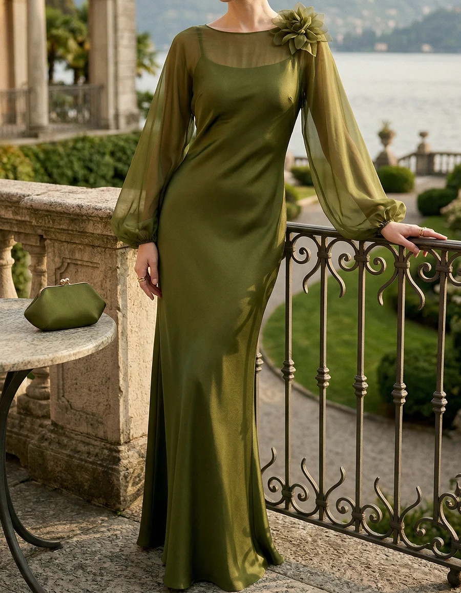 Green Chiffon Paired Satin Camisole Flowers Maxi Dress