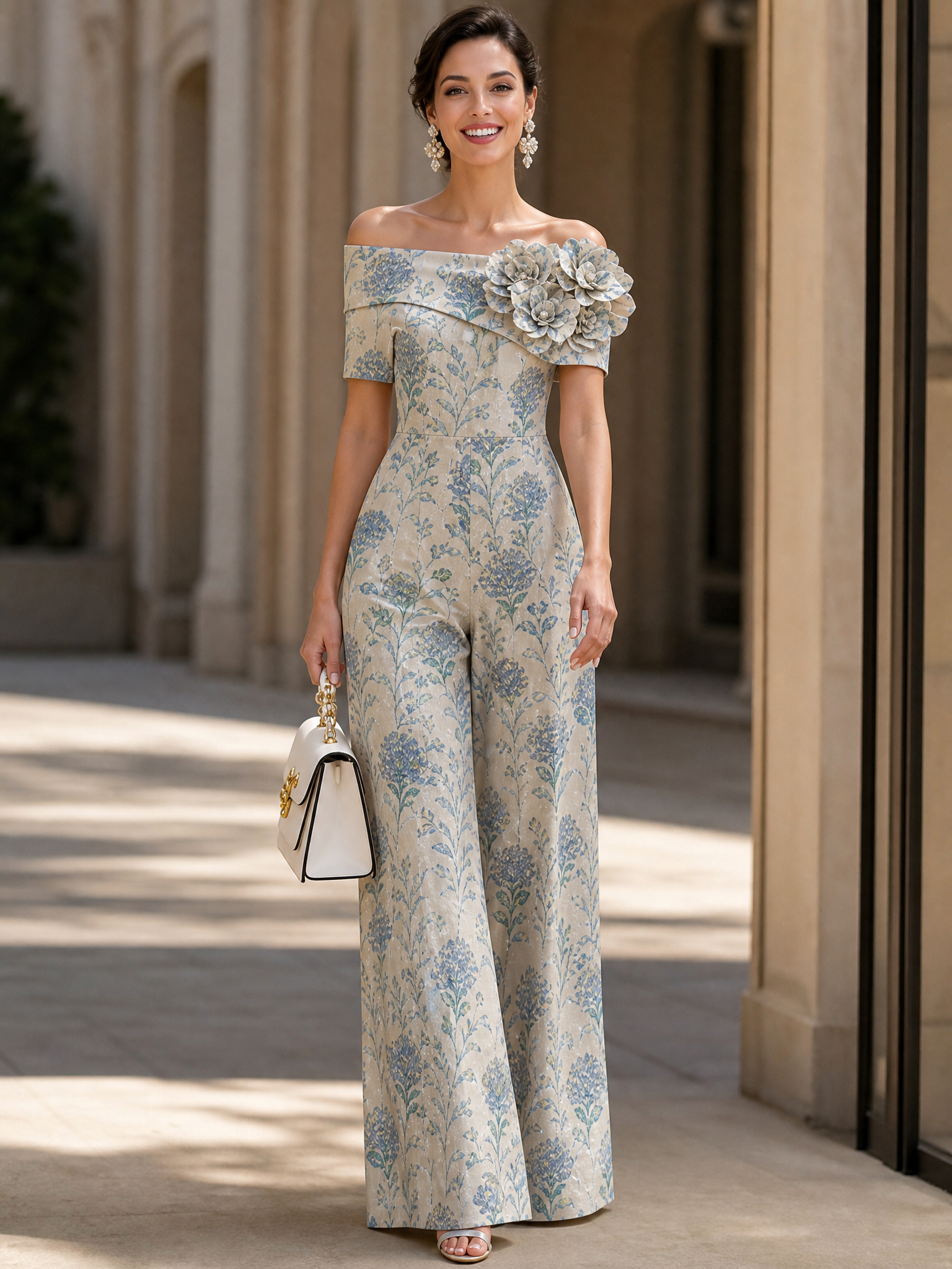 Champagne Off-Shoulder 3D Floral Appliqué Botanical Print Wide-Leg Jumpsuit