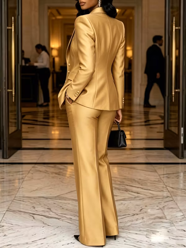 Luxury Gold Satin Blazer And High-Waisted Wide Leg Pants 2-Piece Suit
