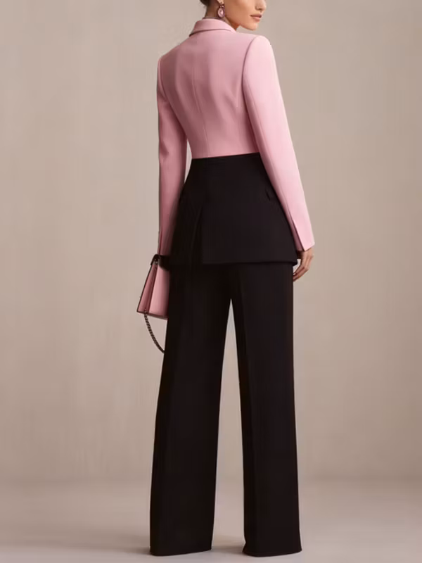 Pink Black Color Block Blazer And Wide Leg Pants 2-Piece Suit