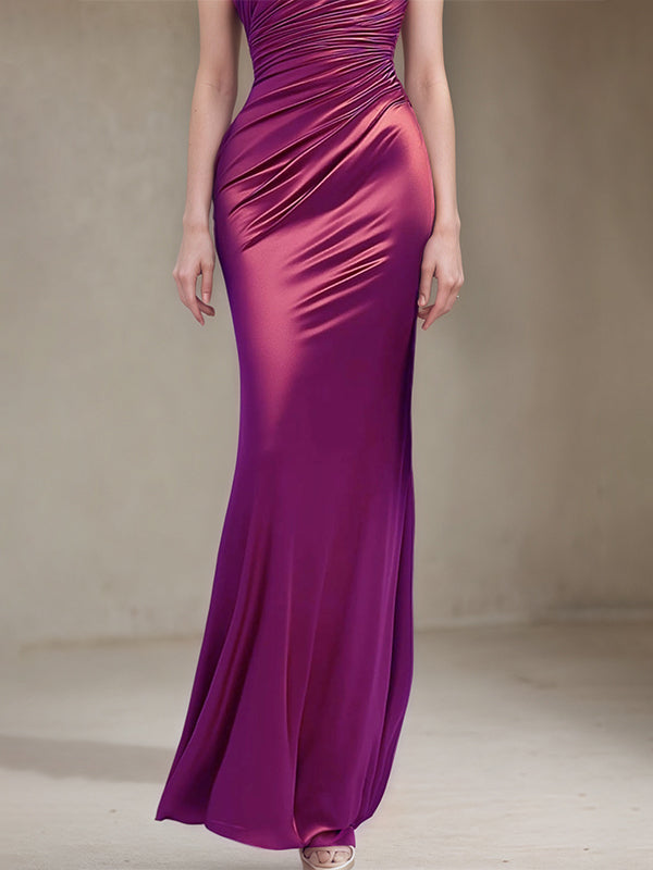 Formal Party Satin Dress Purple One-Shoulder Pleated 	Floor-Length Dress