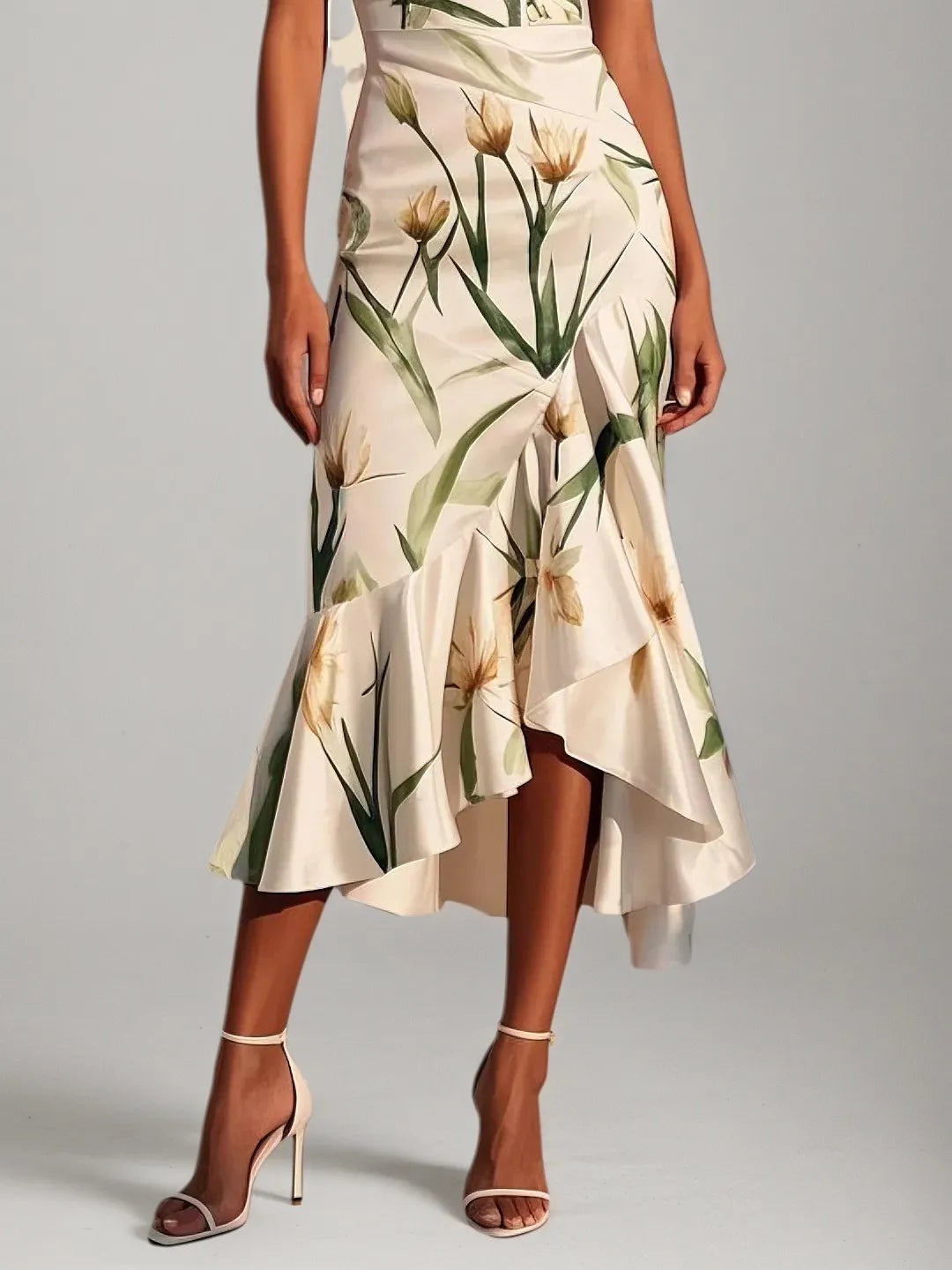 Off White V Neck Floral Mermaid Midi Satin Dress