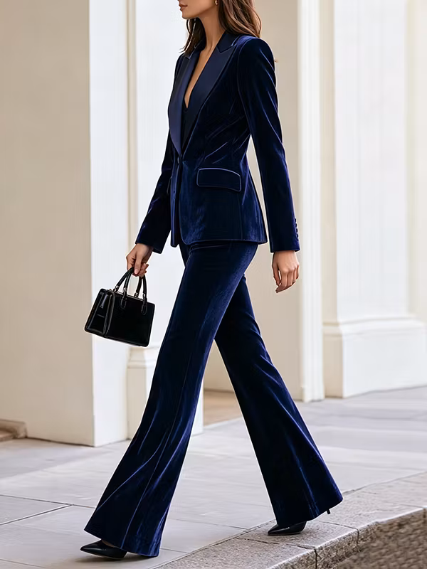 Deep Navy Velvet Satin‑Peak‑Lapel Single‑Button Fitted Blazer & High‑Waisted Flared Full‑Length Pants 2-Piece Suit