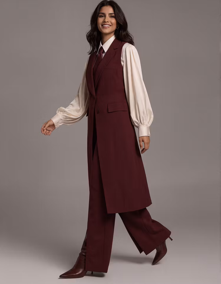 Burgundy Double Breasted Long Sleeveless Vest And Wide Leg Pants 2-Piece Suit