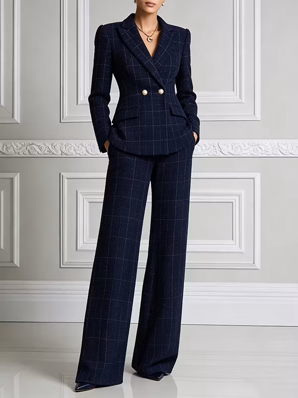 Navy Blue Windowpane Plaid Tweed Fitted Blazer & High-Waisted Wide-Leg Pants 2-Piece Suit