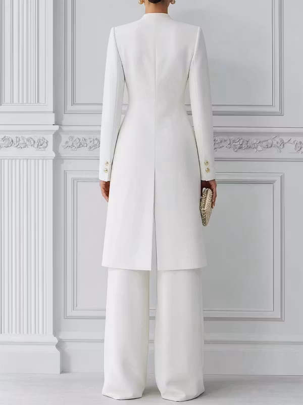 Women's Classic White Slim-fit Long Blazer And Pants 2-Piece Suit