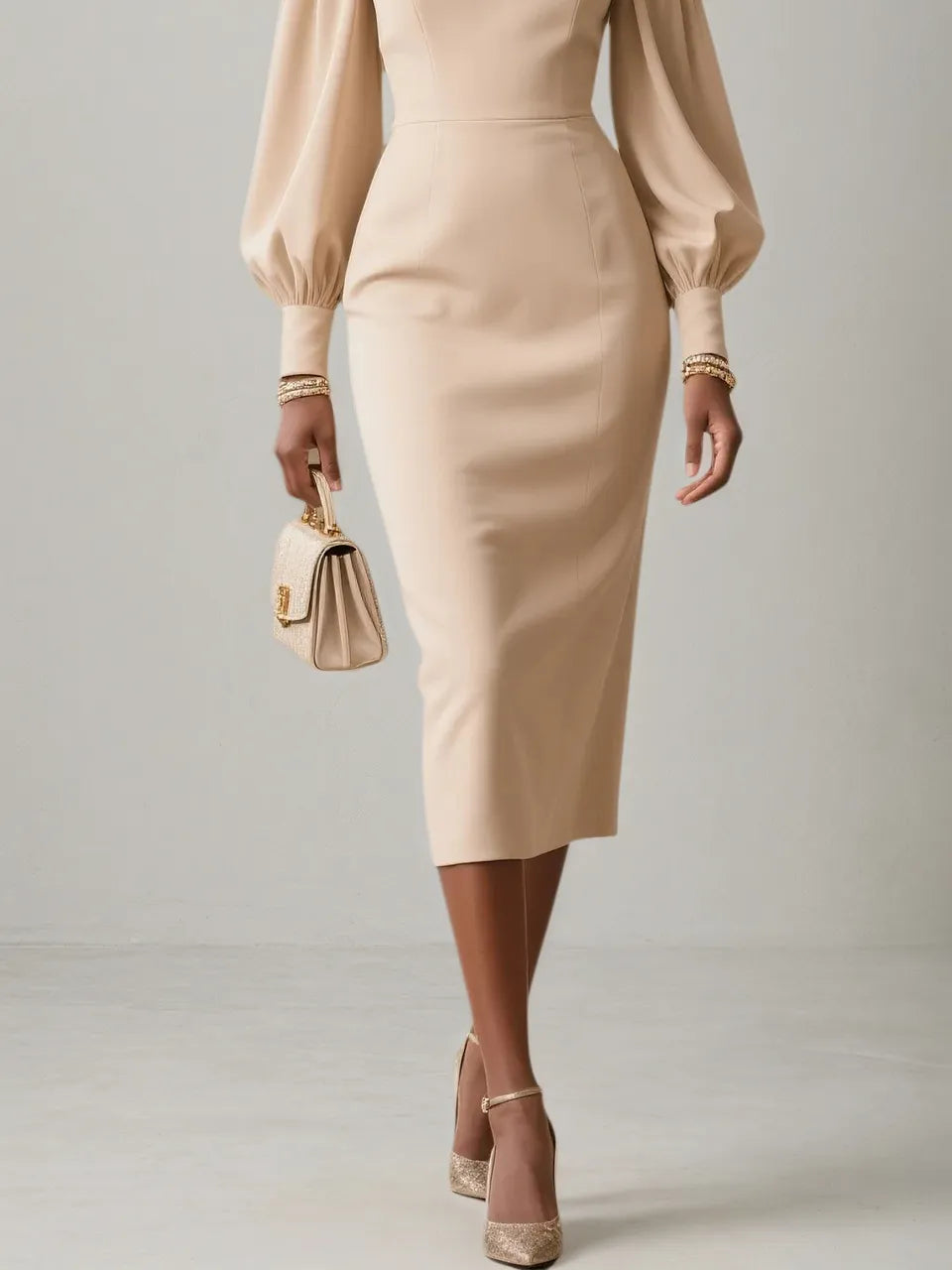 Apricot Applique Floral Classic Crew Neck Long Sleeve Balloon Sleeve Sheath Midi Dress