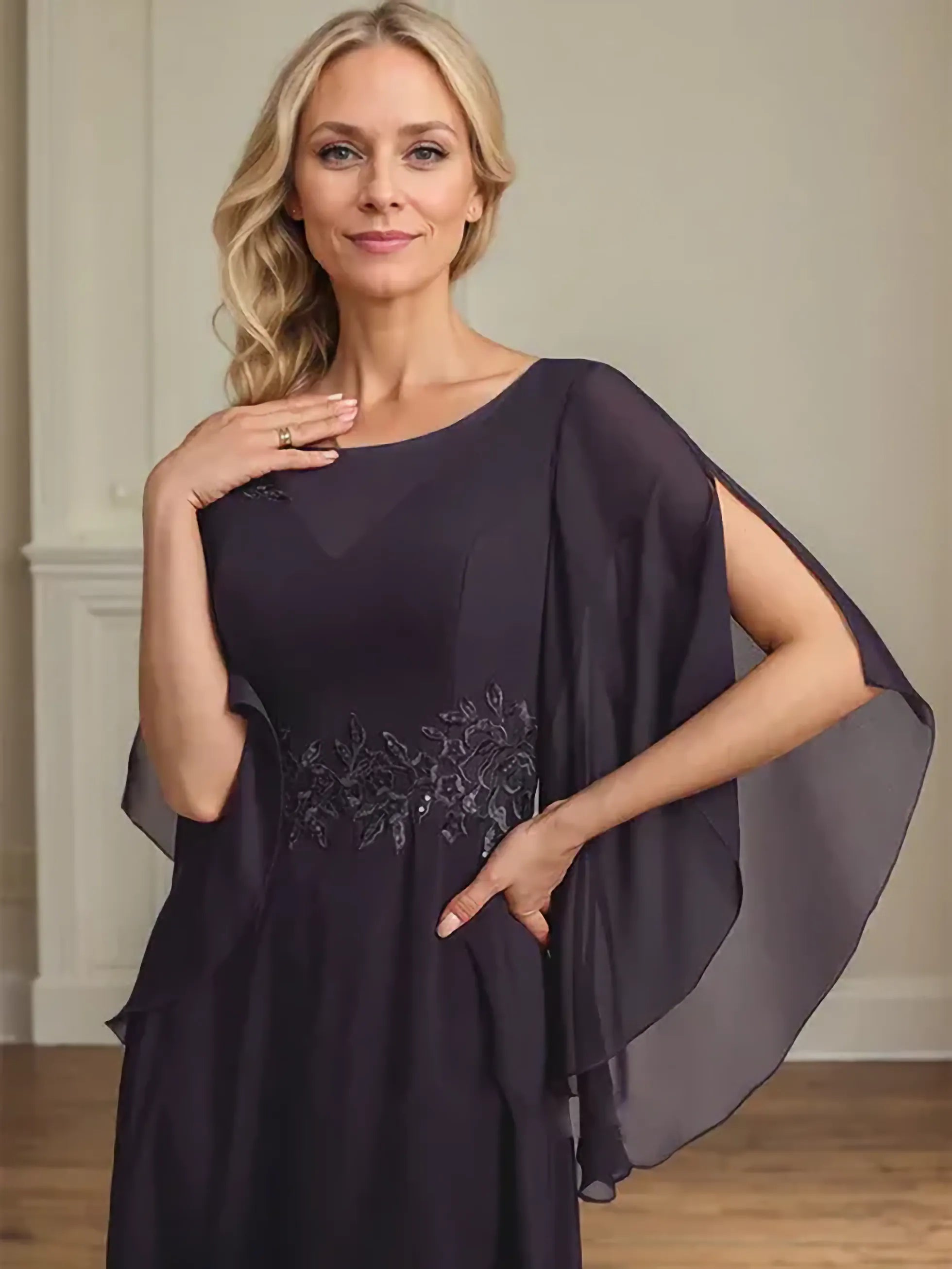 A-line Scoop Illusion Ankle-Length Lace Chiffon Mother of the Bride Dress With Sequins