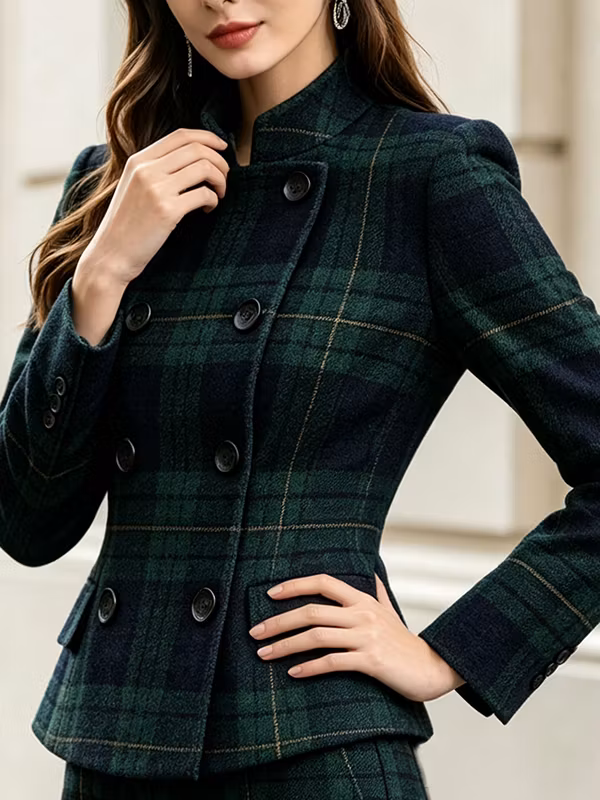 Green‑Navy Tartan Stand‑Collar Double‑Breasted Fitted Blazer & High‑Waisted Full‑Length Flared Pants 2-Piece Suit