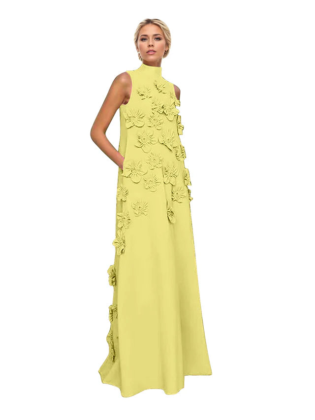 A Line High Neck Sleeveless Floor Length Stretch Crepe Dress With 3D Flowers
