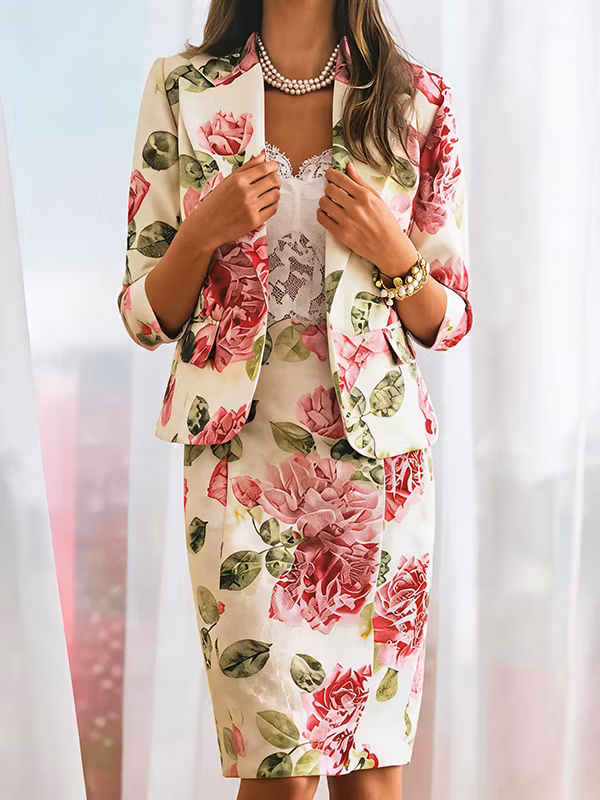 Pink Rose Floral Printed Three-Quarter Sleeve Blazer & Midi Pencil Skirt 2-Piece Suit