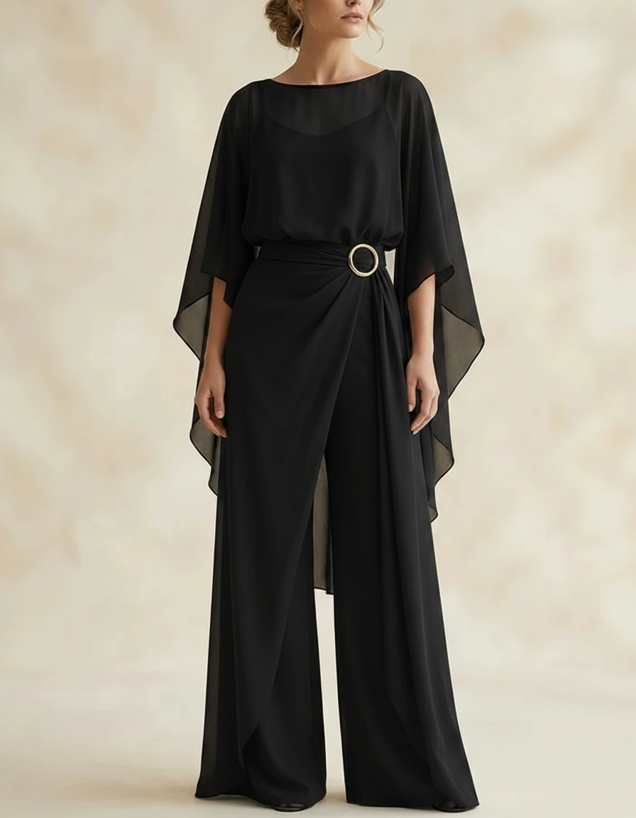 Elegant Chiffon Cape Sleeve Belted Wide Leg Jumpsuit
