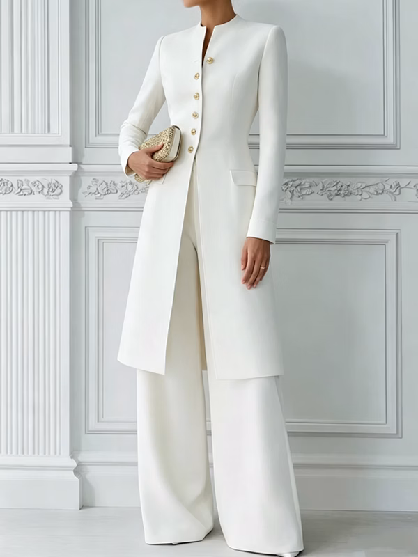 Women's Classic White Slim-fit Long Blazer And Pants 2-Piece Suit
