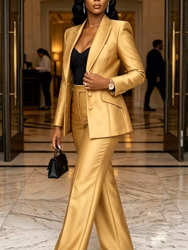 Luxury Gold Satin Blazer And High-Waisted Wide Leg Pants 2-Piece Suit