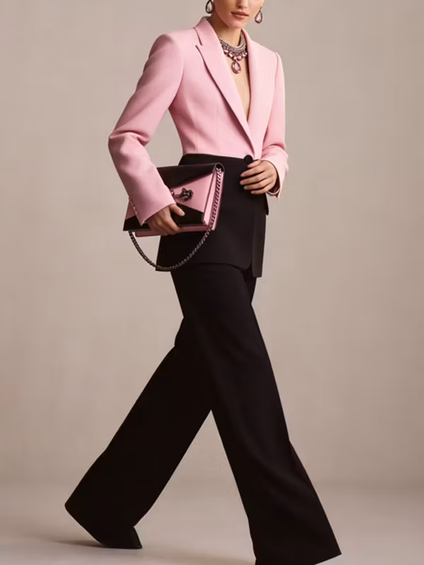 Pink Black Color Block Blazer And Wide Leg Pants 2-Piece Suit